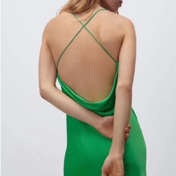 Zara Short Satin Effect Dress Green - Picture 5 of 14